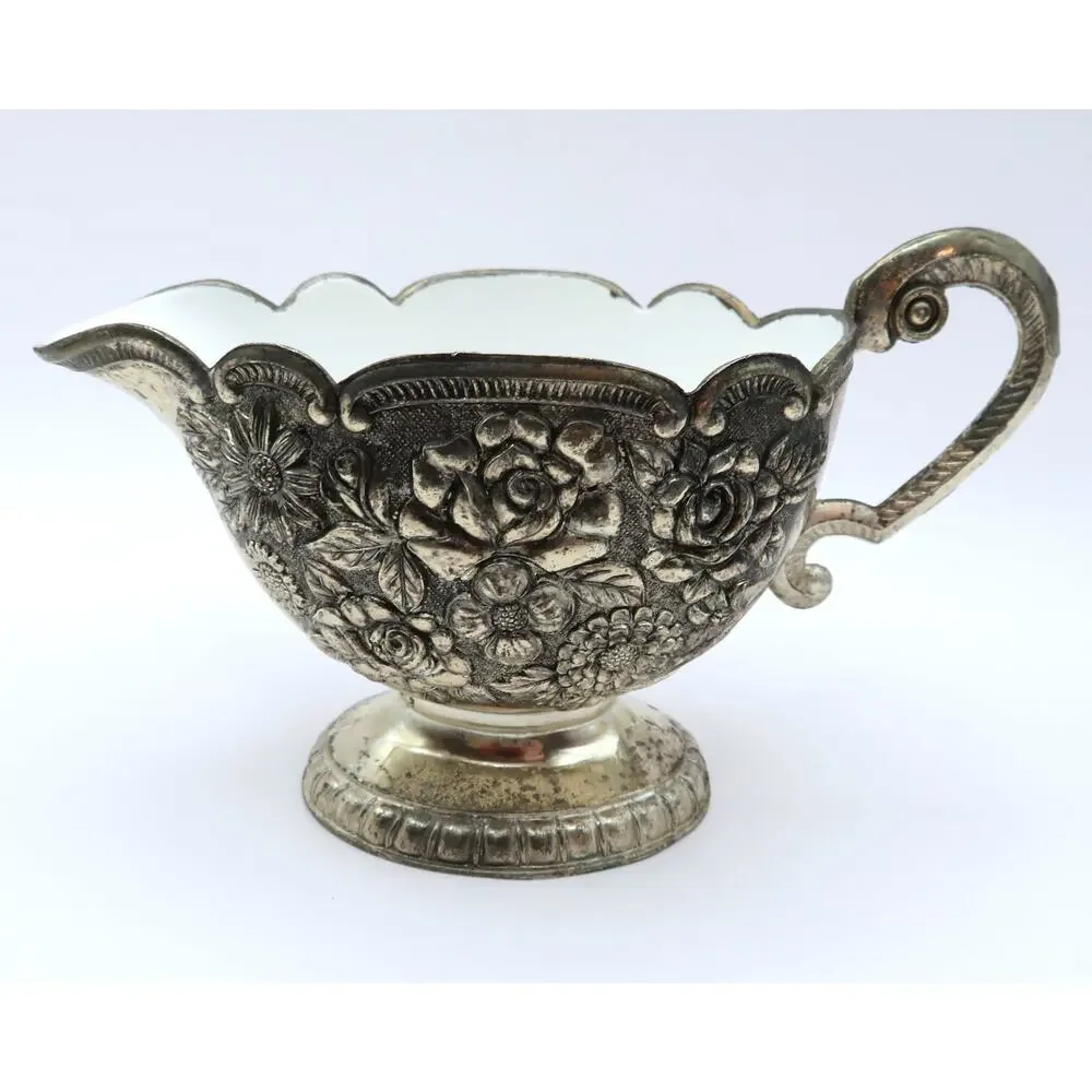 Vintage Cream Sugar Set w Tray, A Price Imports Japan Floral Silver Tone by APCO